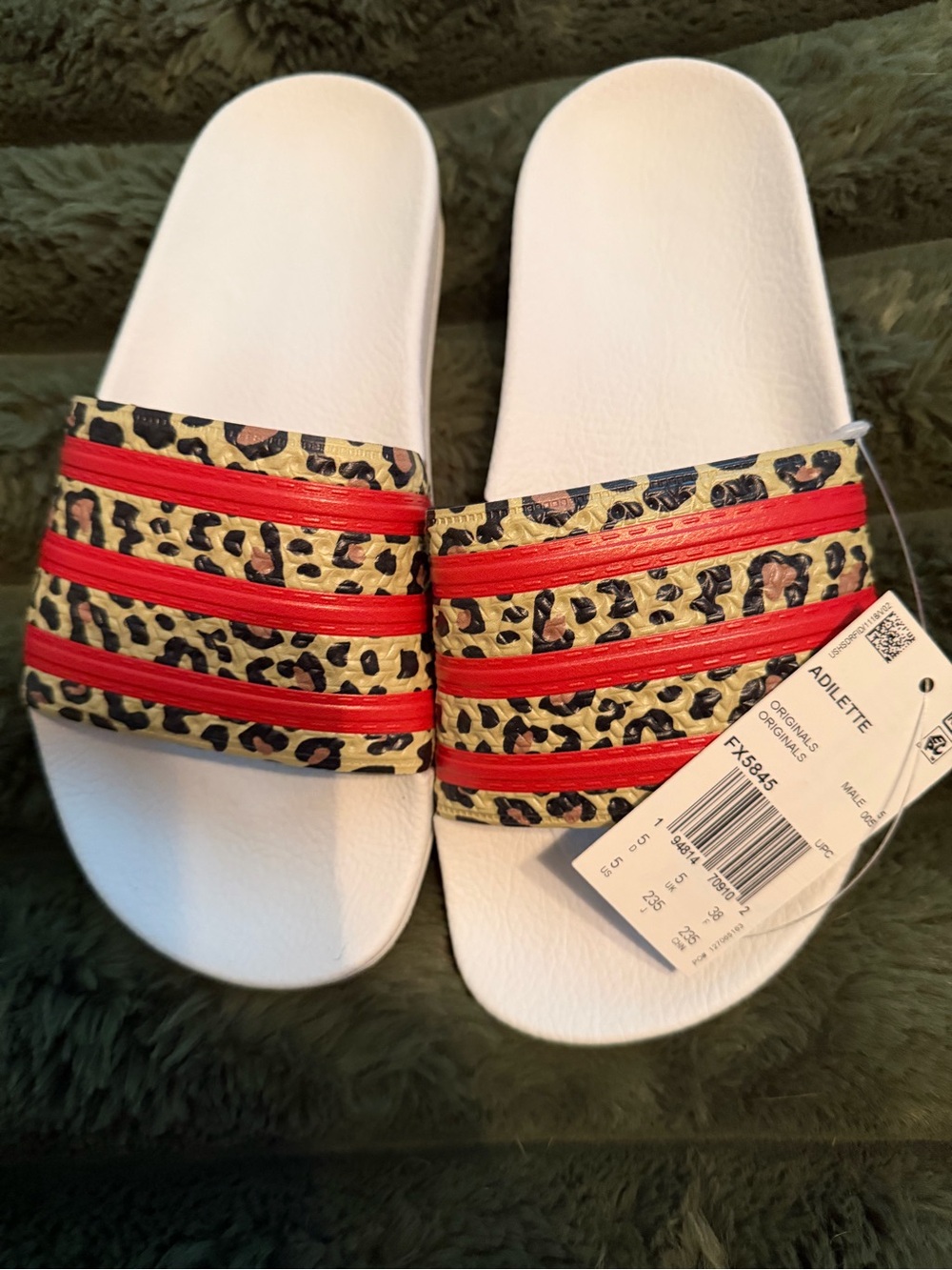 adidas Adilette Leopard-Print Slide Sandals in White and Red